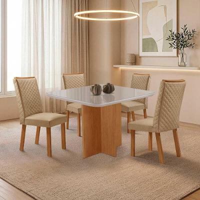 Mesa Jantar Olimpia Lira 4 Lugares MDF e Vidro Off White 90CM Moderna