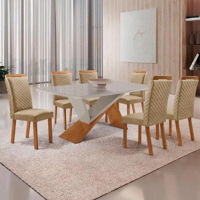 Mesa Jantar Yasmin 6 Lugares Vidro com Cadeiras Lorena Off White 180CM Moderna