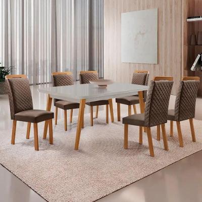 Mesa Copper 6 Lugares MDF Vidro Serigrafado Cadeiras Lorena Veludo Off White Moderna