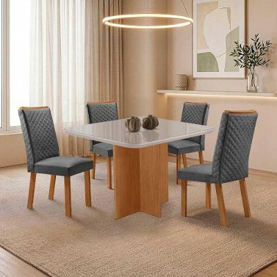 Mesa de Jantar Olimpia 4 Lugares Vidro Serigrafado Linho Off White 90CM Moderna