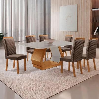 Mesa Alvorada 6 Lugares Vidro com Cadeiras Lorena Veludo Off White 180cm Moderna