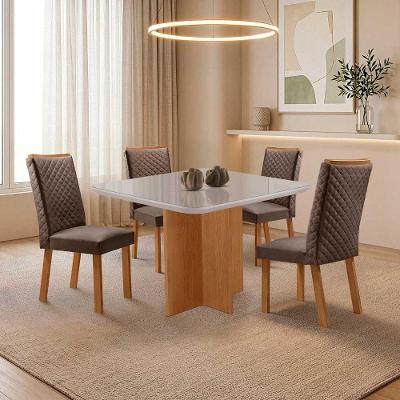 Mesa Jantar Olimpia 4 Lugares MDF e Vidro Cadeiras Veludo Off White 90CM Moderna