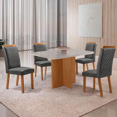 Mesa de Jantar Olimpia 4 Lugares MDF Vidro Cadeiras Lorena Linho Off White Moderna