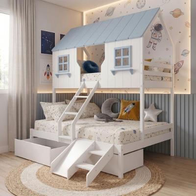 Beliche Casal Solteiro Casinha Encantada 2 Gavetas Madeira Maciça Branco e Azul Housin