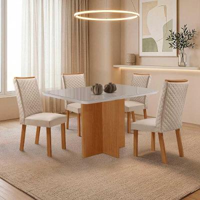 Mesa Olimpia 4 Lugares Tampo Vidro com Cadeiras Lira Veludo Off White Moderna