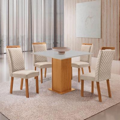 Mesa Jantar Loren 4 Lugares MDF Cadeiras Lorena Veludo Off White 90CM Moderna