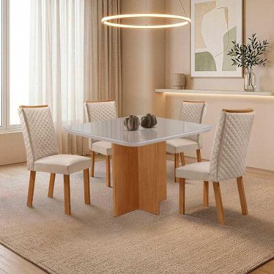 Mesa Jantar Olimpia 4 Lugares MDF e Vidro Cadeiras Lira Veludo Off White Moderna