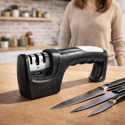 Afiador Manual 3 em 1 Profissional Inox Portátil para Facas de Cozinha Branco