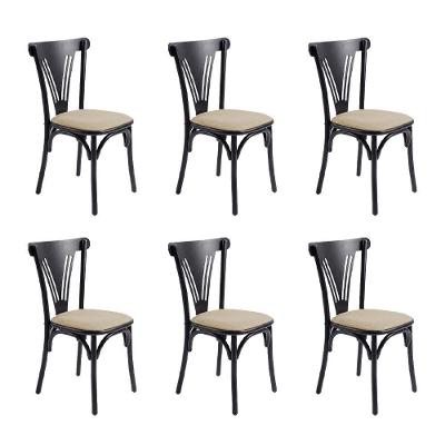 Kit 6 Cadeiras Paris Estrutura Aço Assento Corano Preta e Bege Iron Wood