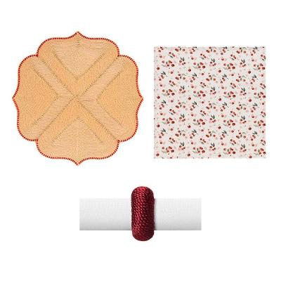 Kit de Mesa Posta 4 Lugares Provence Cherry para Jantar com Jogo Americano Guardanapo e Anel Copa &