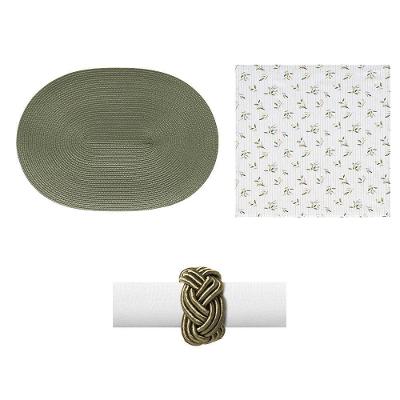 Kit Mesa Posta 4 Lugares Luna Oval Oliveira com Jogo Americano Guardanapo e Anel Copa & Cia