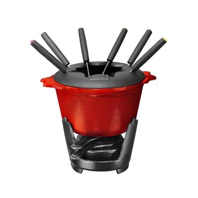 Fondue Vermelho Ferro Fundido 1,2L com Fogareiro e 6 Garfos Panela Mineira