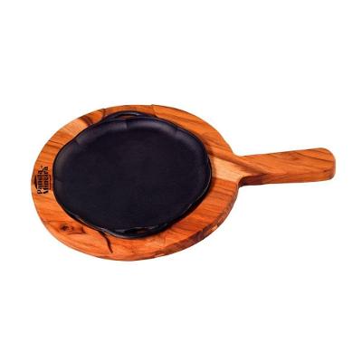 Chapa Petisco Redonda Ferro Fundido com Suporte Madeira Preta Panela Mineira