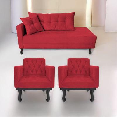 Kit Diva Recamier Azura 160Cm Lado Direito E 02 Poltronas Classic Suede - Doce Sonho Móveis Vermelho