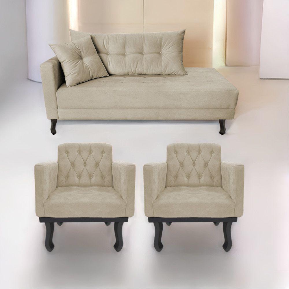 Kit Diva Recamier Azura 160Cm Lado Direito E 02 Poltronas Classic Suede - Doce Sonho Móveis Bege - 1