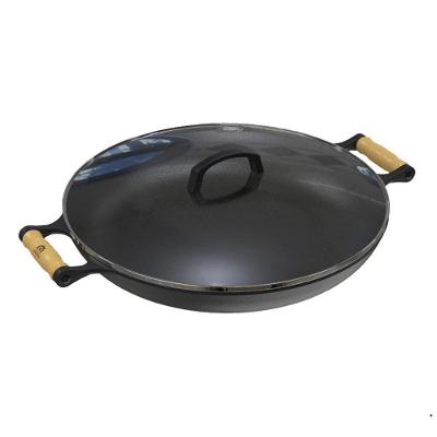 Frigideira Paella Ferro Fundido Alça Madeira Tampa Vidro 40CM Preta Libaneza