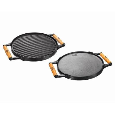Chapa de Ferro Fundido Dupla Face Redonda Alça de Madeira 30cm Preto Panela Mineira