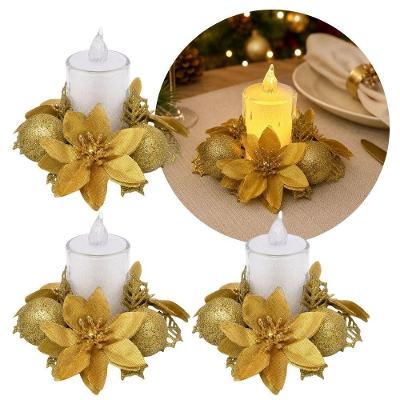 Kit 3 Castiçal Natalino Decorado com Vela Eletronica LED Dourado Yangzi