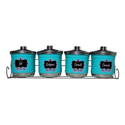 Porta Condimentos 4 Potes de Alumínio Organizador Temperos Azul Continental