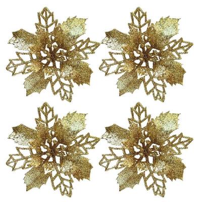 Jogo de Flores Decorativas Natalinas Bico de Papagaio Dourado Glitter 9cm com Presilha Yangzi