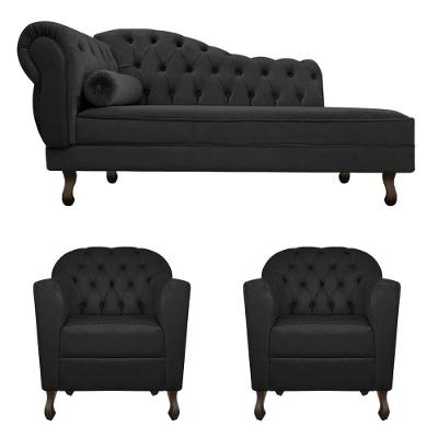 Kit Diva Recamier Diana 130Cm Lado Direito E 02 Poltronas Julia Suede - Amarena Móveis Preto