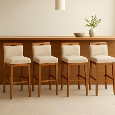 Kit 4 Banquetas Alta Cozinha Gourmet Estofada Suede Bege com Encosto Tatite Decor