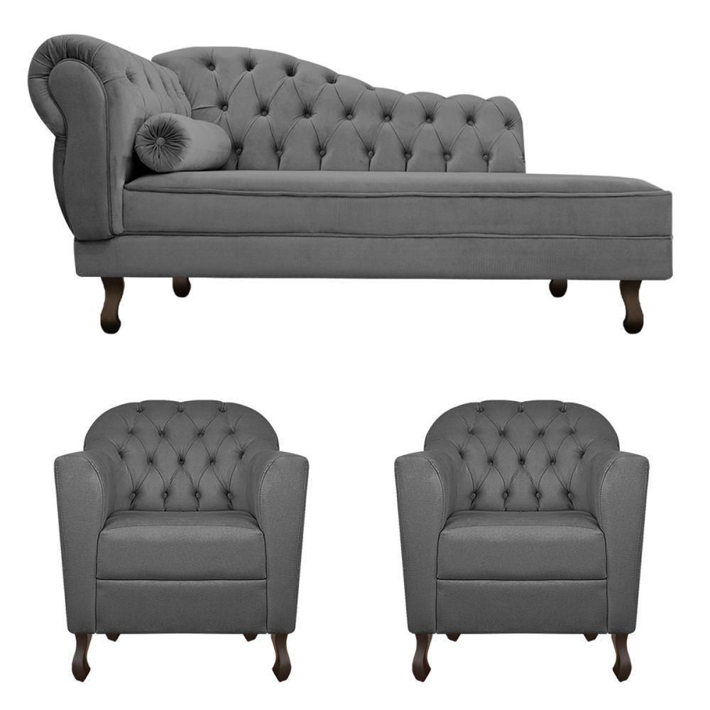 Kit Diva Recamier Diana 130Cm Lado Direito E 02 Poltronas Julia Linho - Amarena Móveis Cinza Escuro - 6