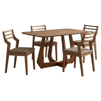 Conjunto de Jantar Bromelia e Damasco 4 Lugares Tampo MDF 25mm Linho Bege 130cm Milani Movelaria