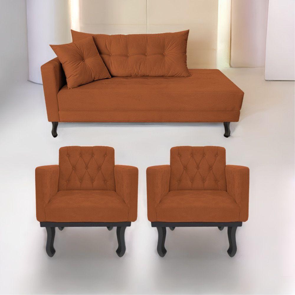 Kit Diva Recamier Azura 185Cm Lado Direito E 02 Poltronas Classic Suede - Amarena Móveis Terracota - 1
