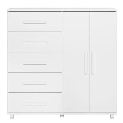 Cômoda Sapateira Torres 5 Gavetas MDP Puxador MDF Branco com Rodízios Albatroz Móveis