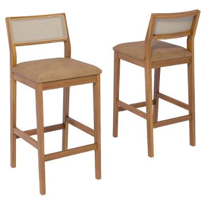 Kit 2 Banquetas Altas Oiti Encosto Madeira Macica Tauari Estofada Corino Kaki Milani Movelaria