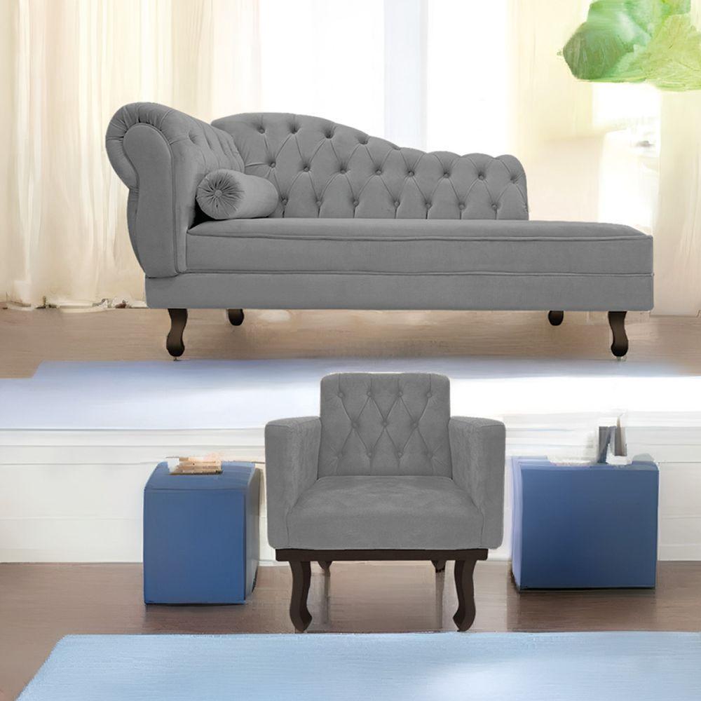 Kit Diva Recamier Diana 130Cm Lado Direito E 01 Poltrona Classic Suede - Amarena Móveis Cinza - 1