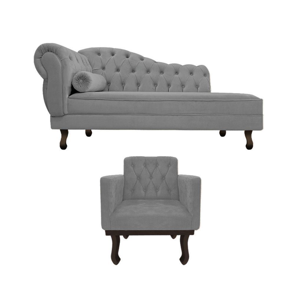 Kit Diva Recamier Diana 130Cm Lado Direito E 01 Poltrona Classic Suede - Amarena Móveis Cinza - 15