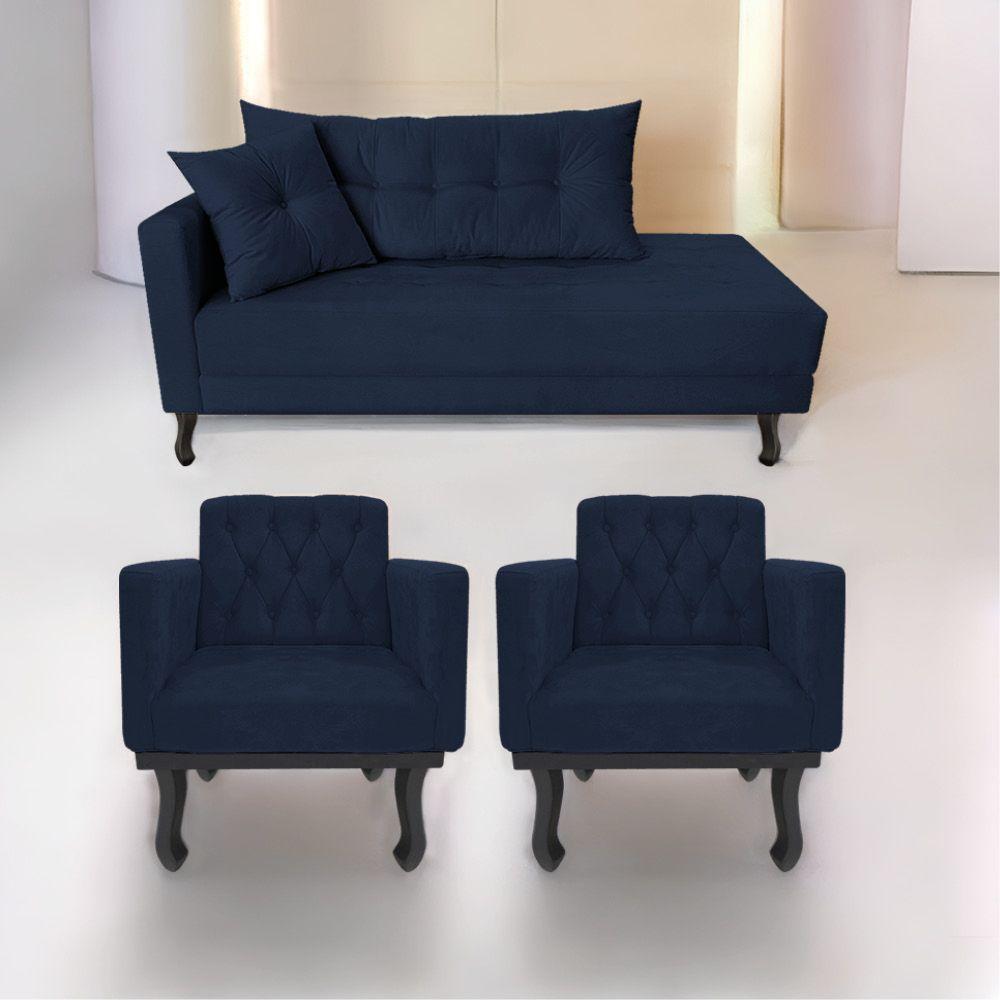 Kit Diva Recamier Azura 160Cm Lado Direito E 02 Poltronas Suede - Doce Sonho Móveis Azulmarinho - 1