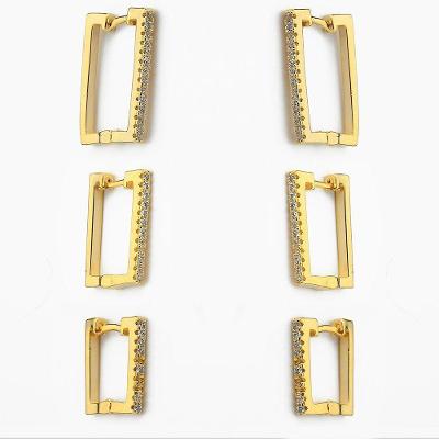 Kit Trio De Brinco Quadrado Cravejado Zircônia Banhado Ouro Cristal