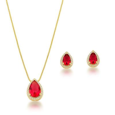 Conjunto Colar E Brincos Gota Vermelha Banhada A Ouro 18k