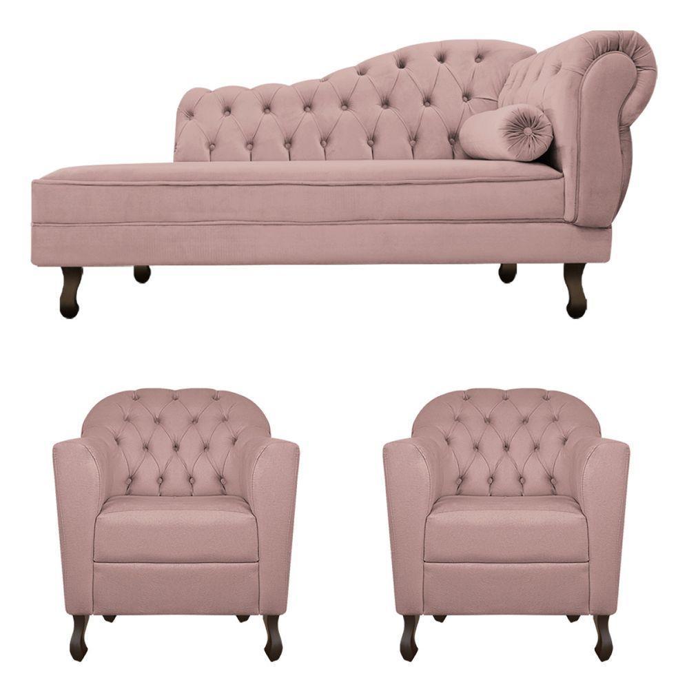 Kit Diva Recamier Diana 130Cm Lado Esquerdo E 02 Poltronas Julia Linho - Amarena Móveis Rosê - 6