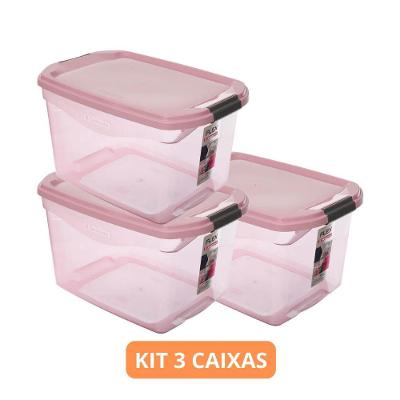 Kit 3 Caixas Organizadoras Flex Plástica com Travas para Organização Rosa Sanremo