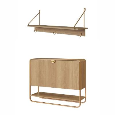 Kit Sapateira Luna e Cabideiro com Prateleira Oslo MDP Marrom Base Metal Dourado Artesano Móveis