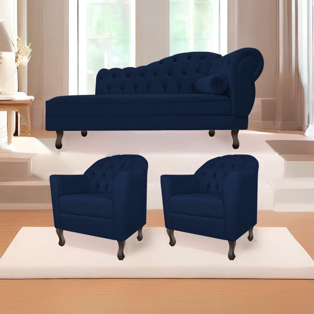 Kit Diva Recamier Diana 130Cm Lado Esquerdo E 02 Poltronas Julia Suede - Amarena Móveis Azul Marinho - 1