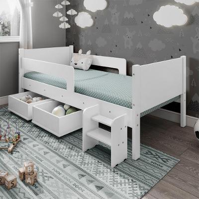 Cama Solteiro Luna Plus com Baus Organizador Escada e Colchao MDF Branco Luna