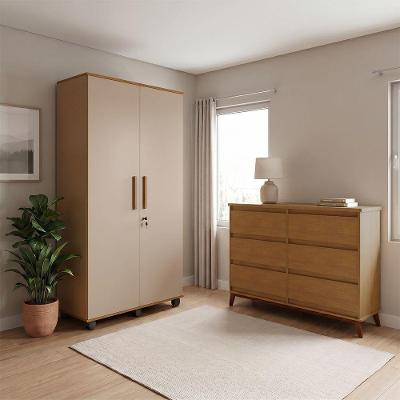 Conjunto Cômoda Londres 6 Gavetas e Roupeiro Solteiro Ouro Amêndoa Conffort Casa