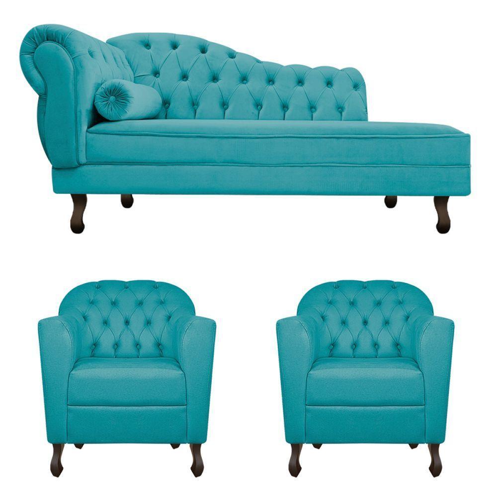 Kit Diva Recamier Diana 160Cm Lado Direito E 02 Poltronas Julia Suede - Amarena Móveis Azul Turquesa - 6