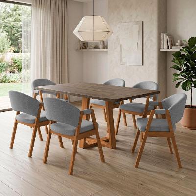 Conjunto de Jantar Julia com Helen 6 Lugares Tampo MDF Freijó Cinza Linho 160cm Ideal Decor
