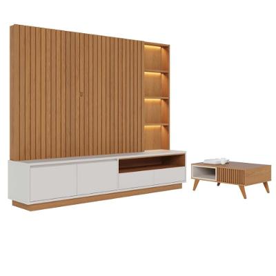Conjunto Mesa para Sala com Home Roma 3 Prateleiras MDP-MDF 240cm Freijo Off White Casah