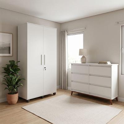 Conjunto Cômoda Londres 6 Gavetas e Armário Multiuso Ouro 2 Portas Branco Conffort Casa