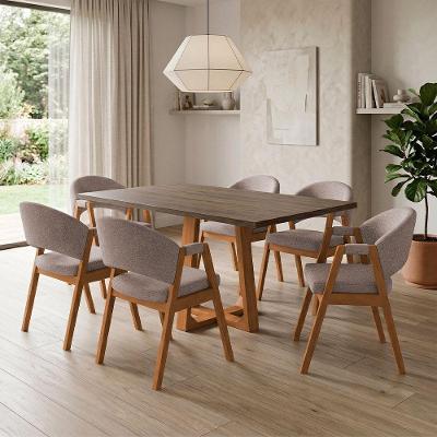 Conjunto de Jantar Julia com Helen 6 Lugares Tampo MDF Freijó Veludo Bege 160cm Ideal Decor