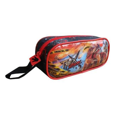 Estojo Escolar Clio Style T-rex Attack em Poliester com Compartimento Espacoso Preto e Vermelho