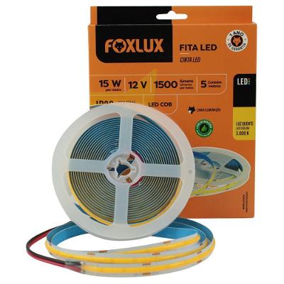 Fita LED COB IP20 15W 3000K 12V 5M Branco Quente Iluminacao Interna Uniforme Foxlux