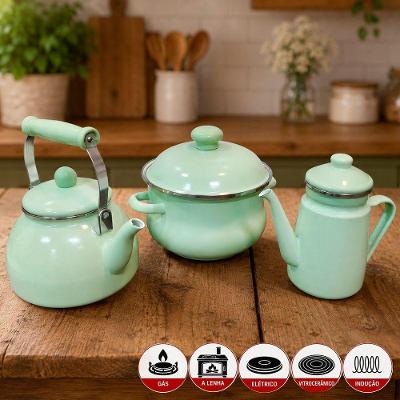 Kit 3 Peças Panela Caçarola Chaleira Bule Esmaltada Jade Ferro Fundido 3,6L 2,5L 1,2L Verde